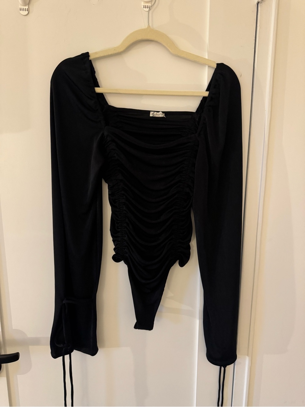 Free People Black Ruched Long Sleeve Bodysuit